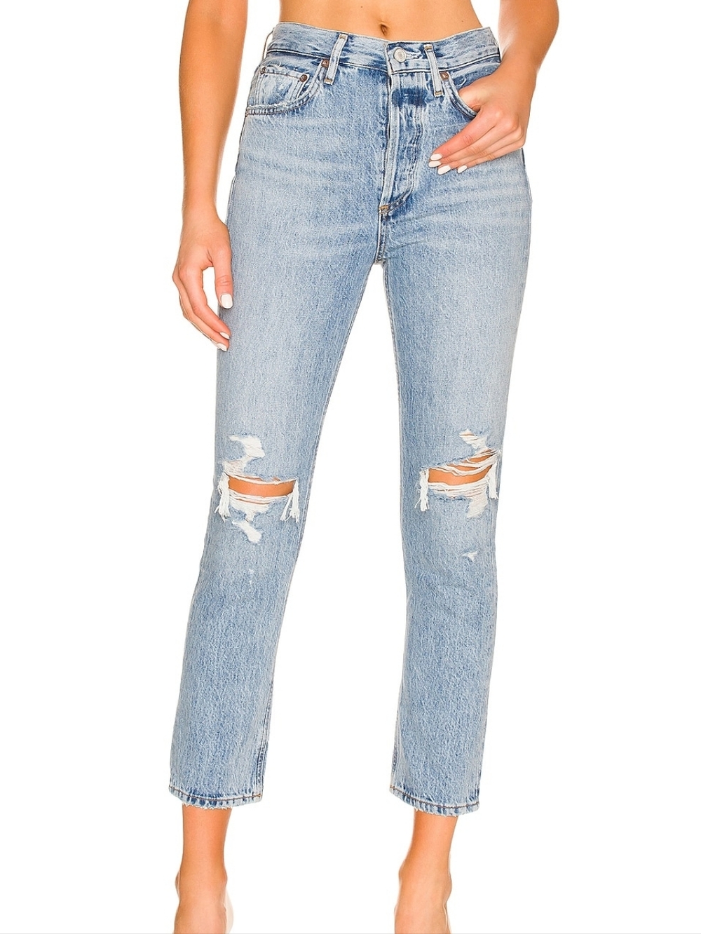 AGOLDE Jamie High Rise Destroyed Slim Straight Leg Jeans Light Wash Size 25
